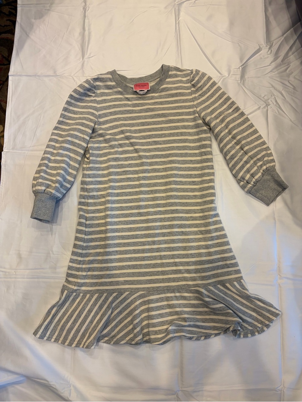 Kate Spade Gray and White Striped Cotton Ruffle-Hem Dress